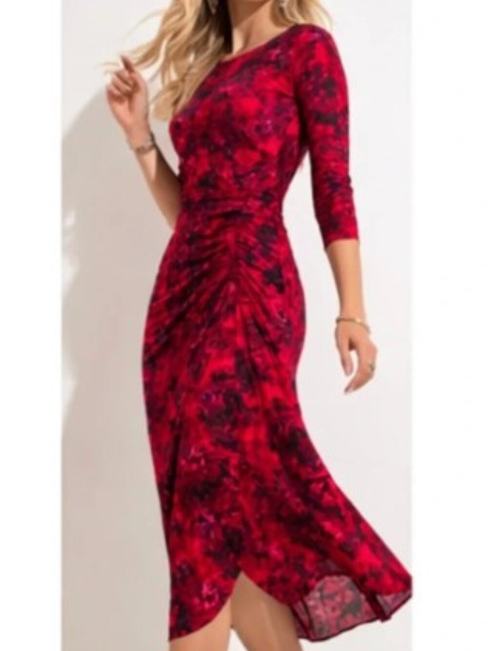 White House Black Market Floral Ruched Midi Dress Red & Black Size 0 Elegant NWT